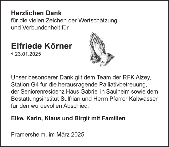 Traueranzeige von Elfriede Körner von Allgemeine Zeitung Alzey