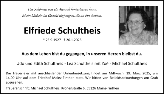 Traueranzeige von Elfriede Schultheis von Allgemeine Zeitung Mainz
