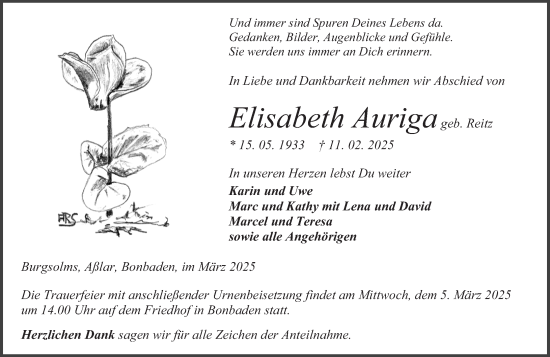 Traueranzeige von Elisabeth Auriga von Wetzlarer Neue Zeitung