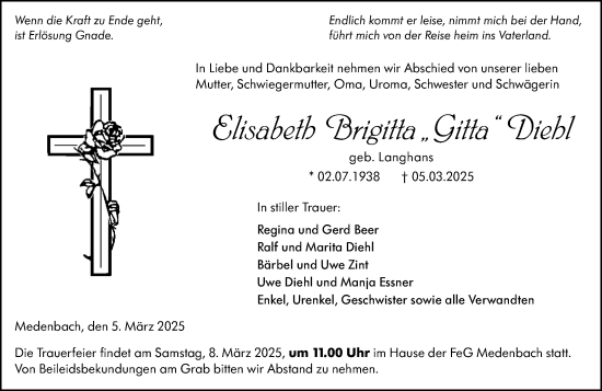 Traueranzeige von Elisabeth Brigitta Diehl von Dill Block