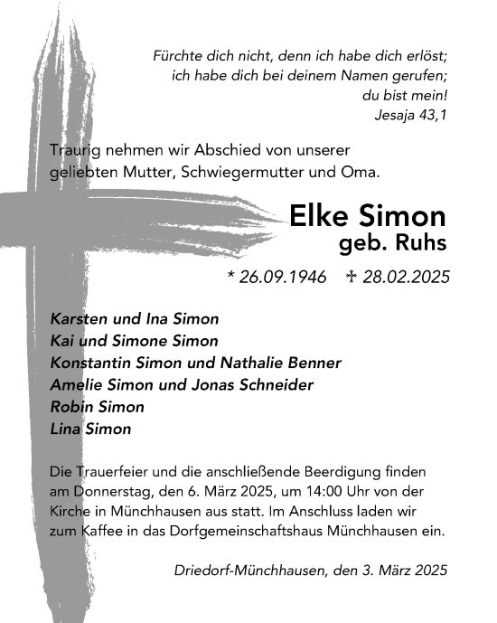 Traueranzeige von Elke Simon von Dill Block