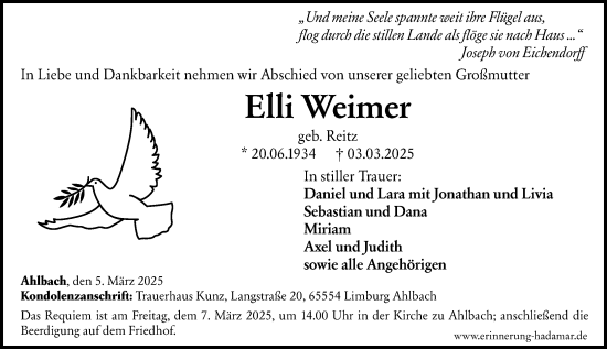 Traueranzeige von Elli Weimer von Nassauische Neue Presse