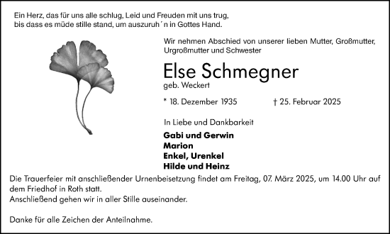Traueranzeige von Else Schmegner von Dill Block