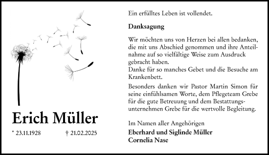 Traueranzeige von Erich Müller von Hinterländer Anzeiger