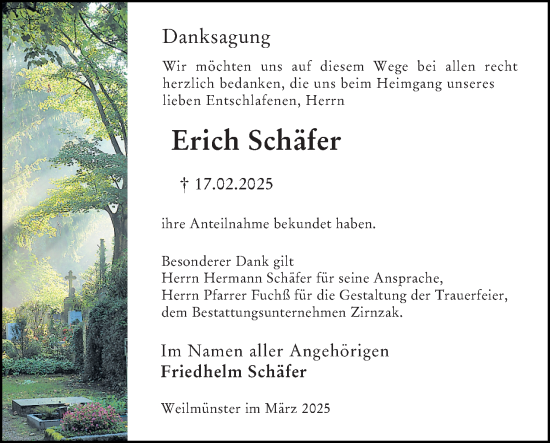 Traueranzeige von Erich Schäfer von Weilburger Tageblatt