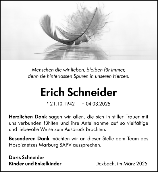 Traueranzeige von Erich Schneider von Hinterländer Anzeiger