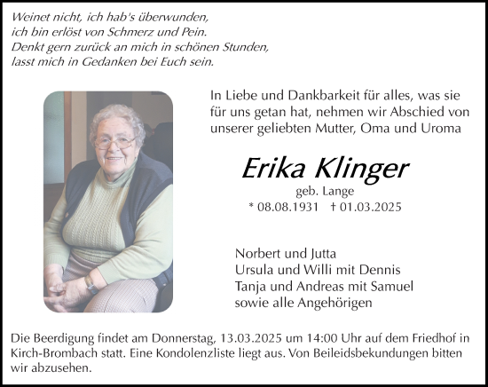 Traueranzeige von Erika Klinger von Odenwälder Echo