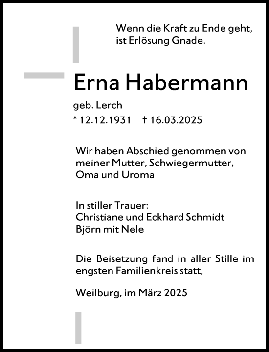Traueranzeige von Erna Habermann von Weilburger Tageblatt