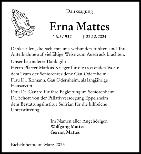 Traueranzeige von Erna Mattes von Allgemeine Zeitung Alzey