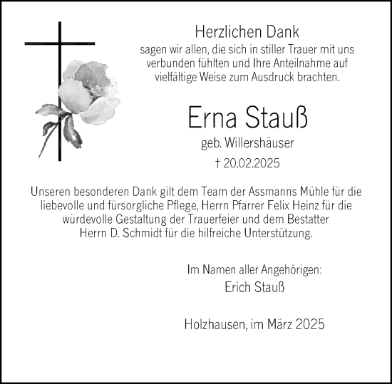Traueranzeige von Erna Stauß von Hinterländer Anzeiger