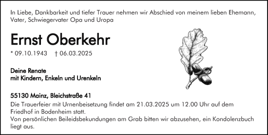 Traueranzeige von Ernst Oberkehr von Allgemeine Zeitung Mainz