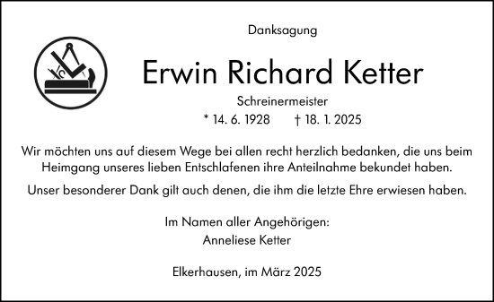 Traueranzeige von Erwin Richard Ketter von Weilburger Tageblatt