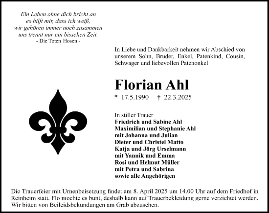 Traueranzeige von Florian Ahl von Darmstädter Echo