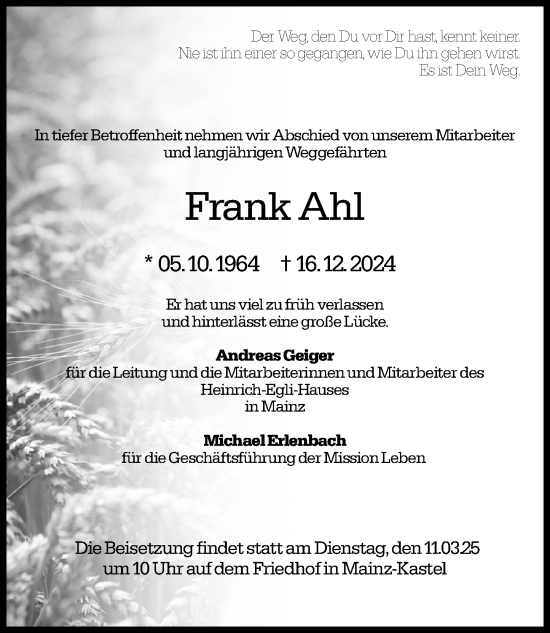 Traueranzeige von Frank Ahl von Allgemeine Zeitung Mainz