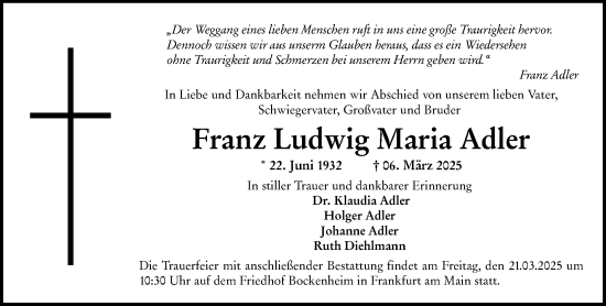 Traueranzeige von Franz Ludwig Maria Adler von Darmstädter Echo