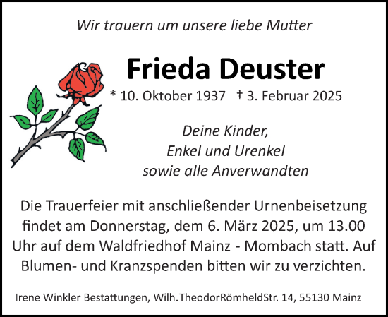 Traueranzeige von Frieda Deuster von Allgemeine Zeitung Mainz