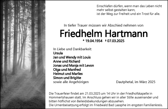 Traueranzeige von Friedhelm Hartmann von Hinterländer Anzeiger