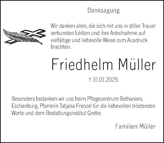 Traueranzeige von Friedhelm Müller von Hinterländer Anzeiger