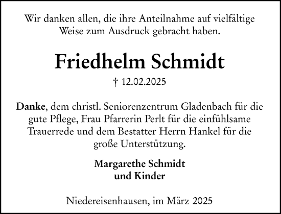 Traueranzeige von Friedhelm Schmidt von Hinterländer Anzeiger