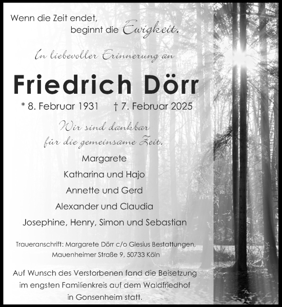 Traueranzeige von Friedrich Dörr von Allgemeine Zeitung Mainz