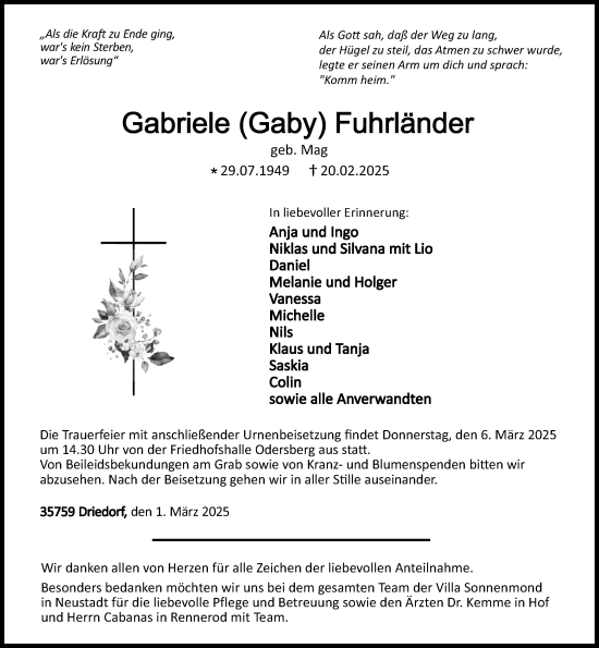 Traueranzeige von Gabriele Fuhrländer von Dill Block