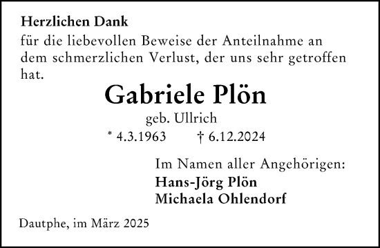 Traueranzeige von Gabriele Plön von Hinterländer Anzeiger
