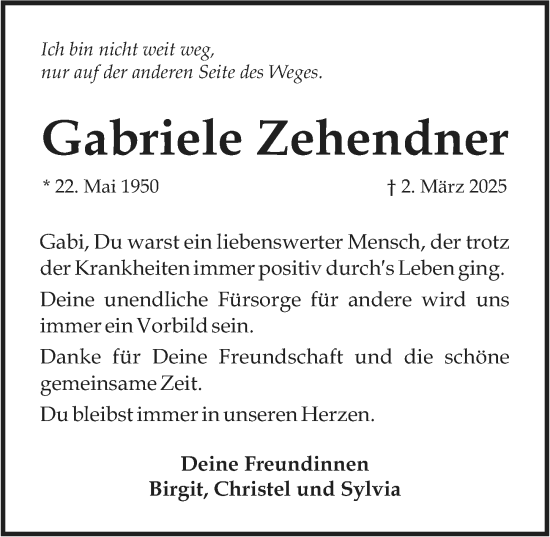 Traueranzeige von Gabriele Zehendner von Allgemeine Zeitung Mainz