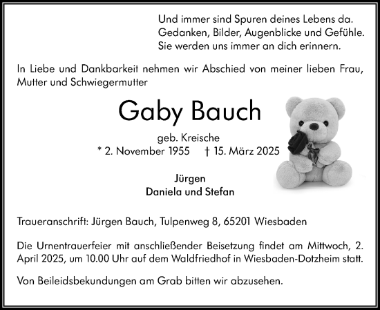Traueranzeige von Gaby Bauch von Wiesbadener Kurier