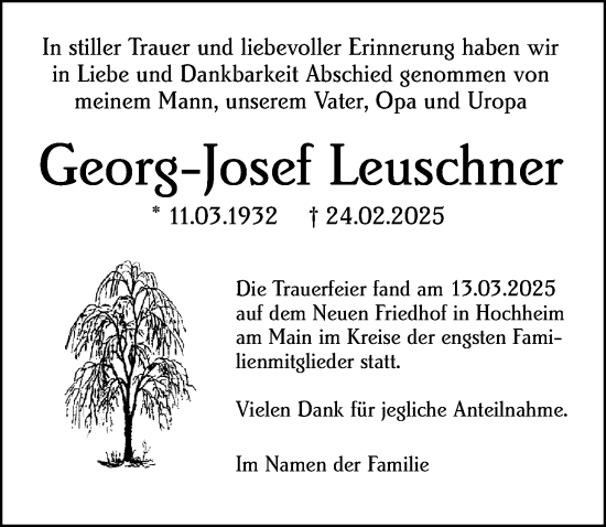 Traueranzeige von Georg-Josef Leuschner von Hochheimer Zeitung