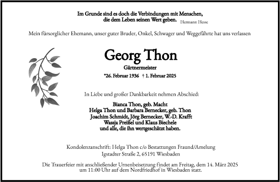 Traueranzeige von Georg Thon von Wiesbadener Kurier