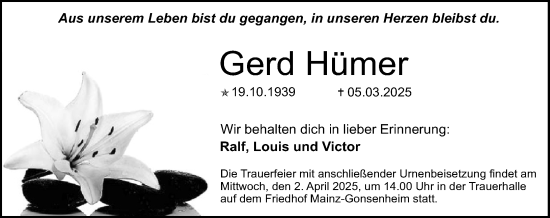 Traueranzeige von Gerd Hümer von Allgemeine Zeitung Mainz