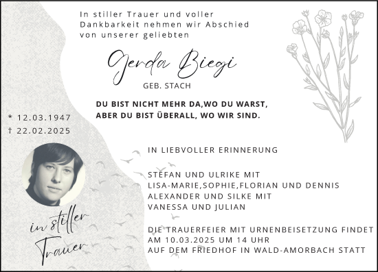 Traueranzeige von Gerda Biegi von Odenwälder Echo