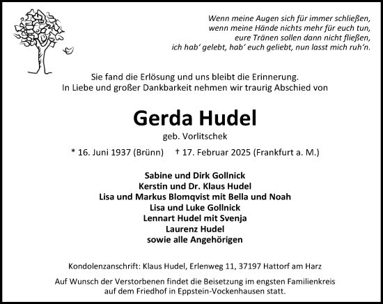 Traueranzeige von Gerda Hudel von Dill Block