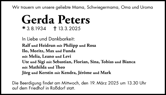 Traueranzeige von Gerda Peters von Darmstädter Echo