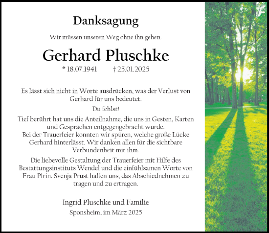 Traueranzeige von Gerhard Pluschke von Allgemeine Zeitung Rheinhessen-Nahe