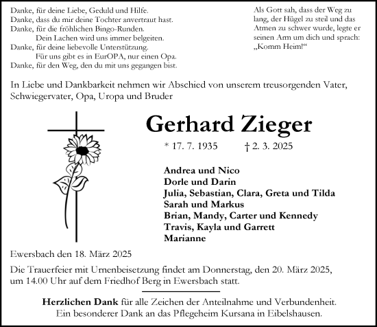 Traueranzeige von Gerhard Zieger von Dill Block