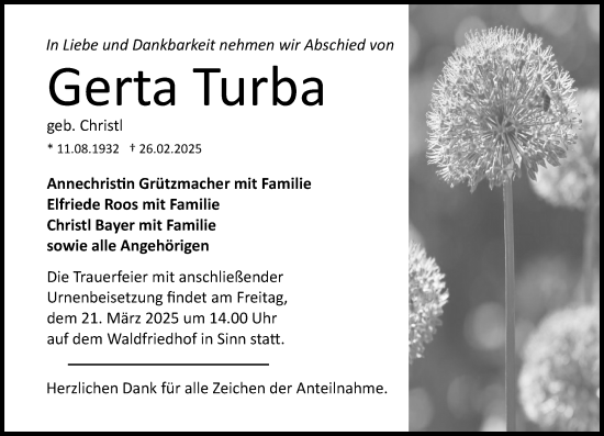Traueranzeige von Gerta Turba von Dill Block