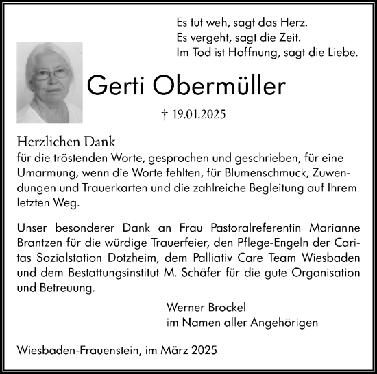 Traueranzeige von Gerti Obermüller von Wiesbadener Kurier