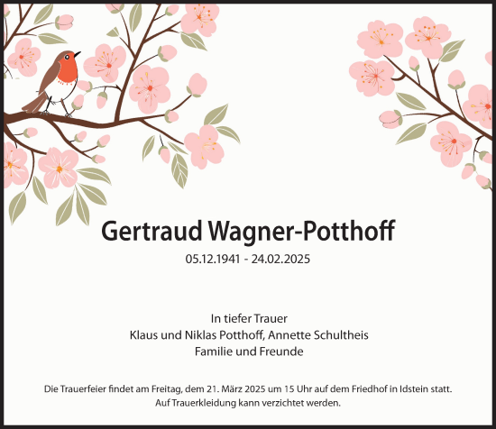 Traueranzeige von Gertraud Wagner-Potthoff von Idsteiner Land/Untertaunus