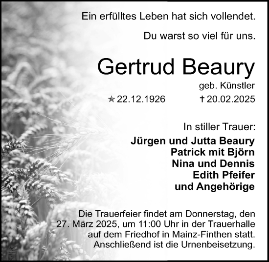 Traueranzeige von Gertrud Beaury von Allgemeine Zeitung Mainz