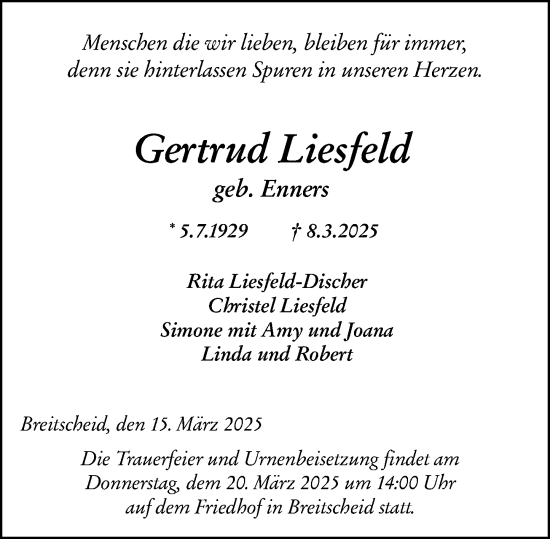 Traueranzeige von Gertrud Liesfeld von Dill Block