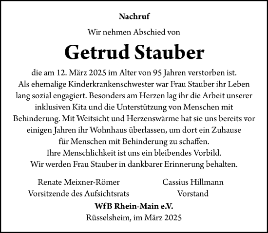 Traueranzeige von Gertrud Stauber von Rüsselsheimer Echo