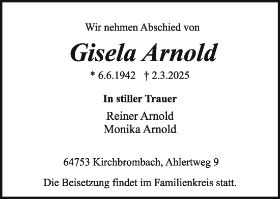 Traueranzeige von Gisela Arnold von Odenwälder Echo