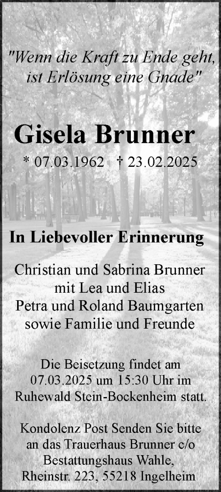 Traueranzeige von Gisela Brunner von Allgemeine Zeitung Mainz