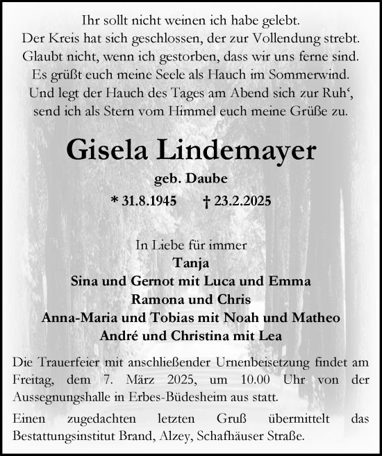 Traueranzeige von Gisela Lindemayer von Allgemeine Zeitung Alzey