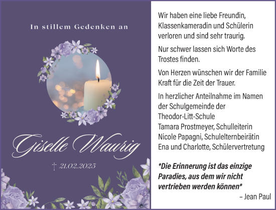Traueranzeige von Giselle Waurig von Odenwälder Echo