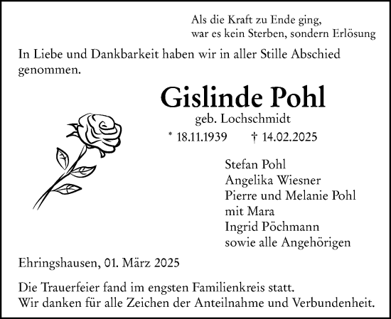 Traueranzeige von Gislinde Pohl von Wetzlarer Neue Zeitung