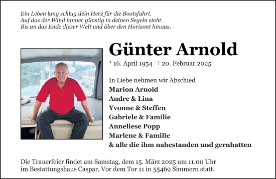 Traueranzeige von Günter Arnold von Binger-/Ingelheimer Wochenblatt