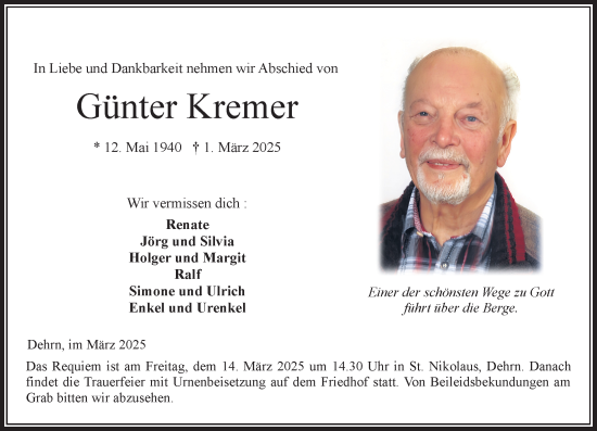 Traueranzeige von Günter Kremer von Nassauische Neue Presse