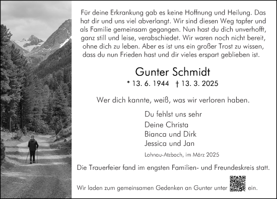 Traueranzeige von Gunter Schmidt von Wetzlarer Neue Zeitung